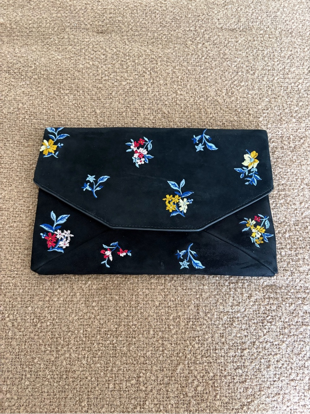 Black Embroidered Suede Envelope Clutch - Women Accessories